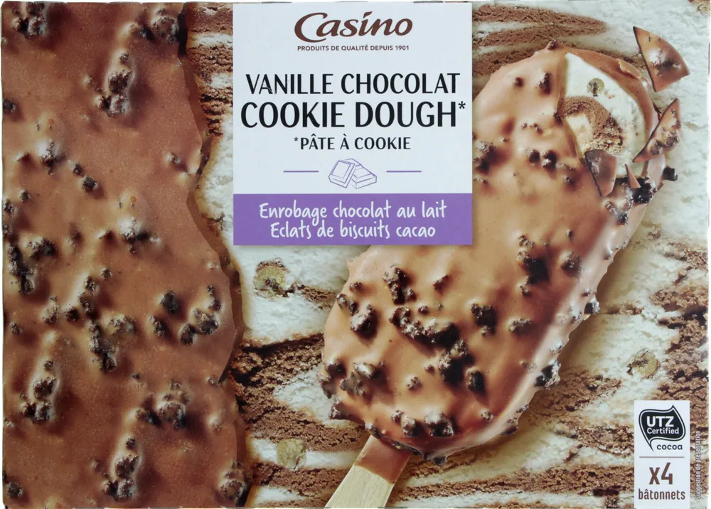 Maxi bâtonnets vanille chocolat cookie dough* (*pâte à cookie) - Enrobage chocolat au lait Eclats de biscuits cacao x4