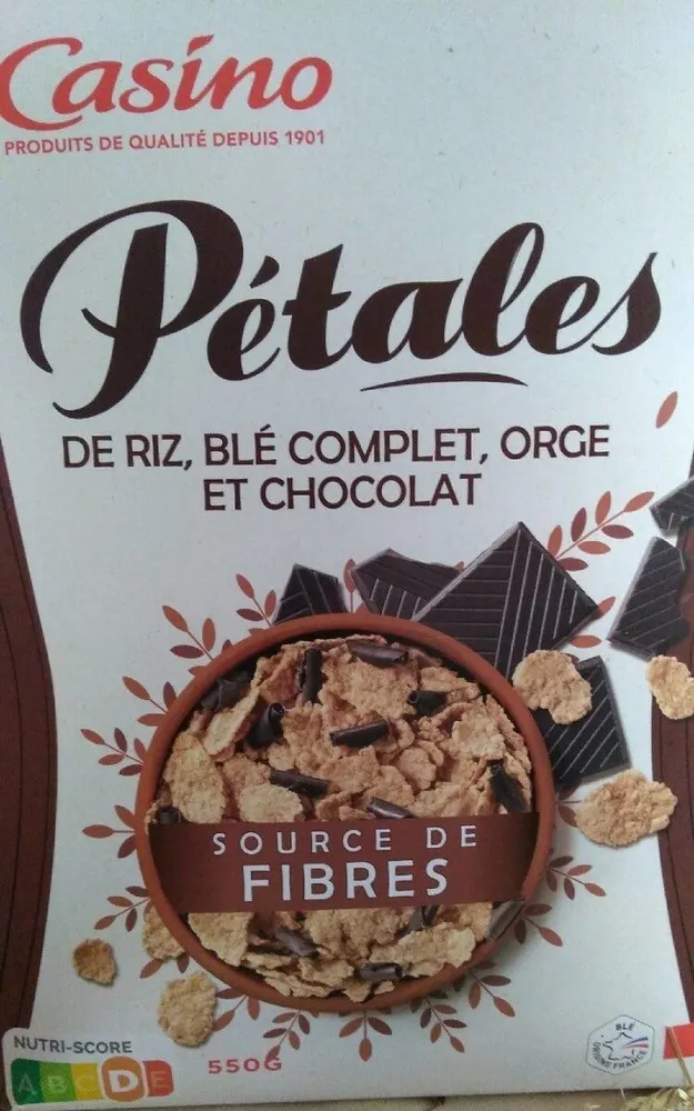 Pétales de riz, blé complet, orge et chocolat
