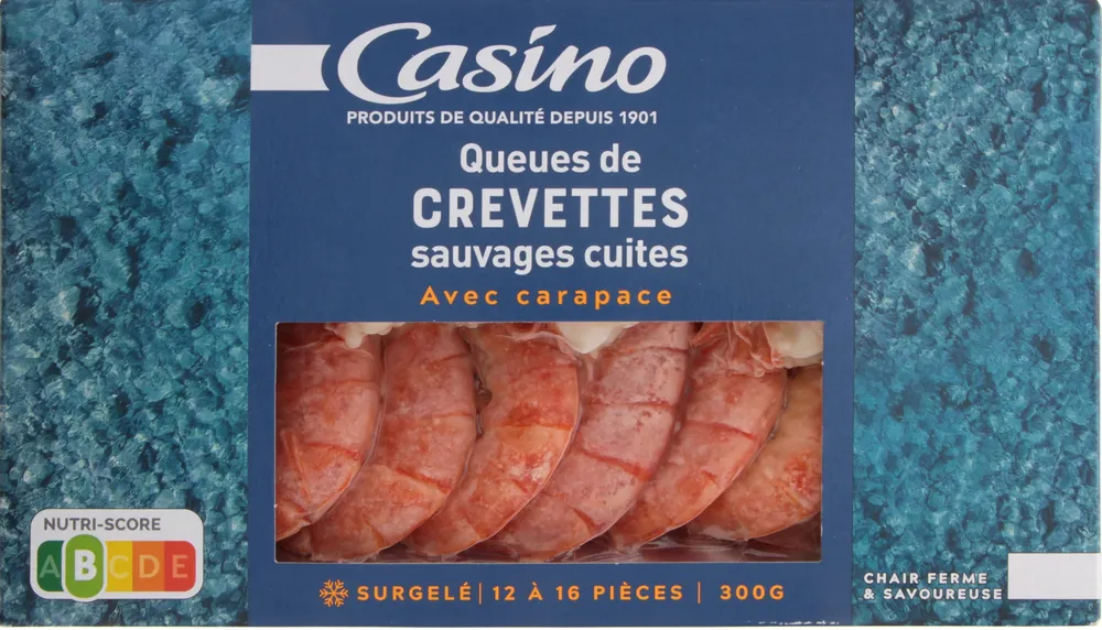 Queues de crevettes sauvages cuites surgelées