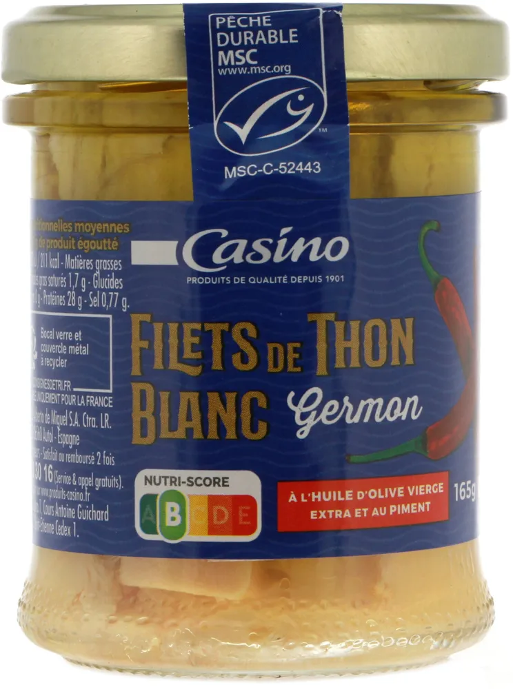 Filets de thon blanc germon à l´huile d'olive viege extra et au piment