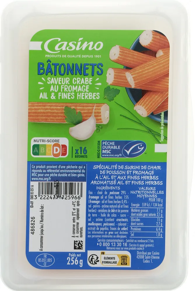 Bâtonnets saveur crabe au fromage ail et fines herbes