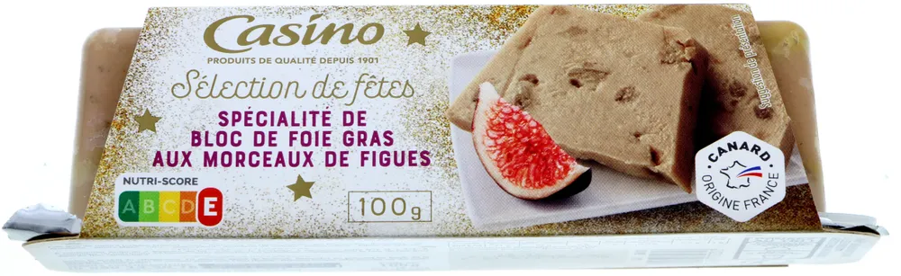Spécialité de bloc de foie gras de canard aux morceaux de figues séchées