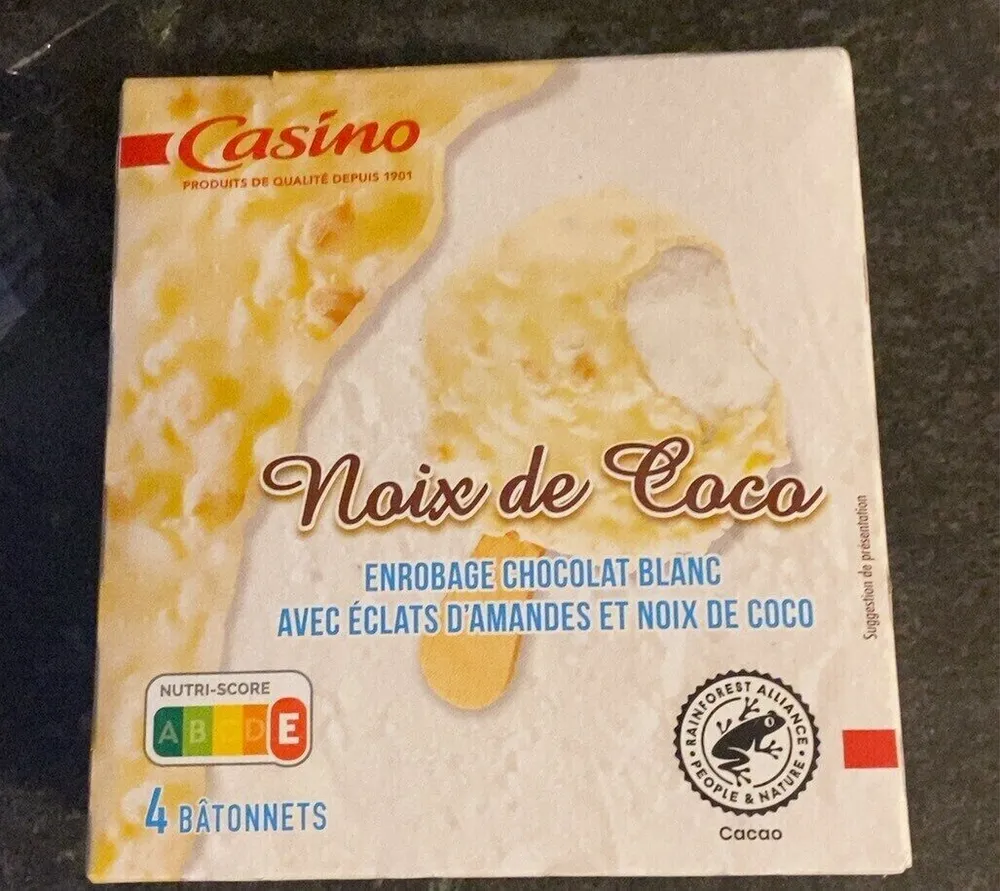 Enrobage chocolat blanc avec éclats d’amandes et noix de coco