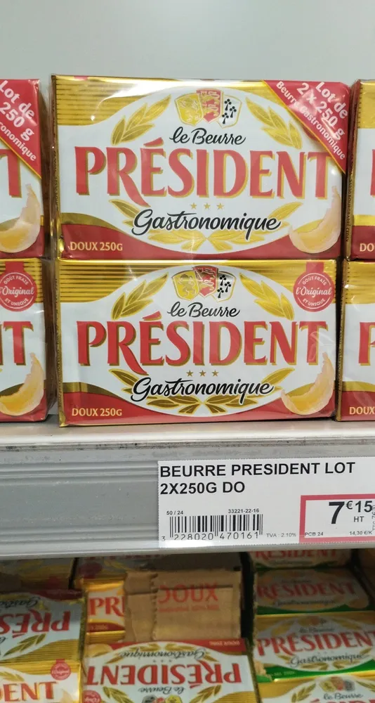 Beurre Doux, 2 Plaquettes De 250 Grammes, Marque Président