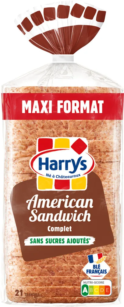 Pain de mie american sandwich complet sans sucres ajoutés maxi 900g