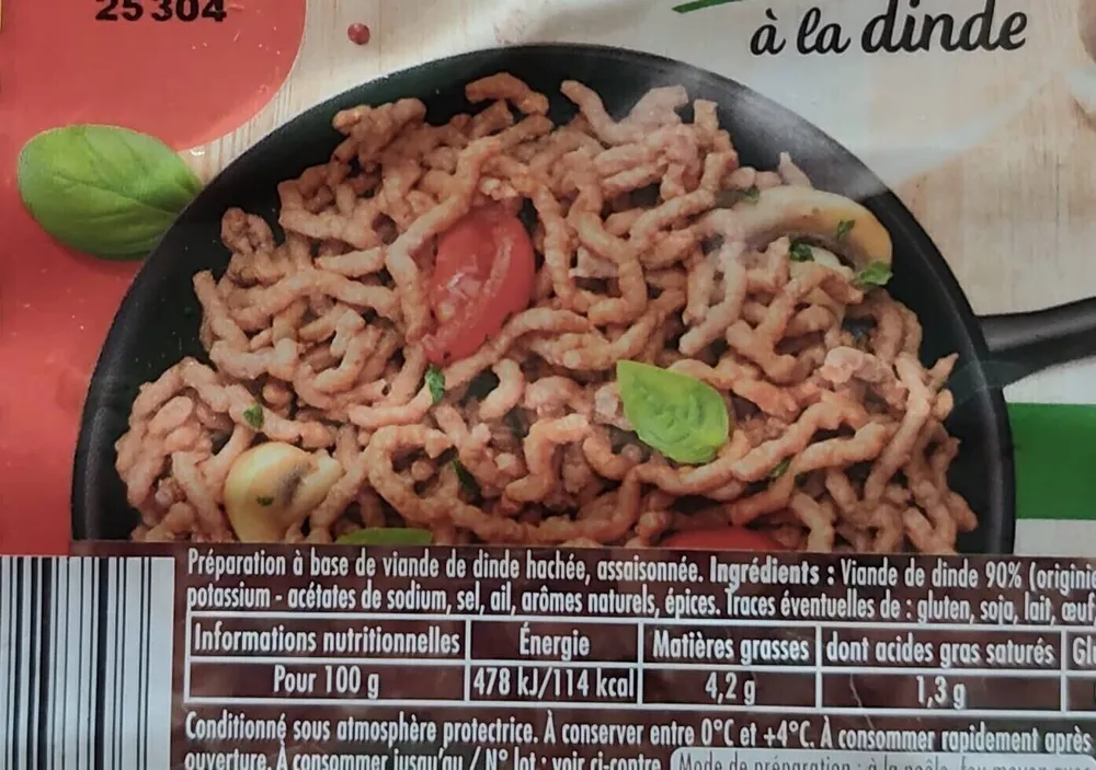 Préparation à base de viande de dinde hachée, assaisonnée