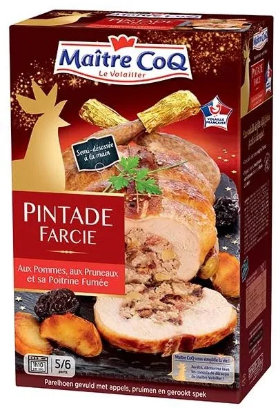 Pintade farcie aux pommes, pruneaux et poitrine fumée