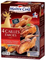 4 cailles farcies aux pommes, pruneaux et poitrine fumée