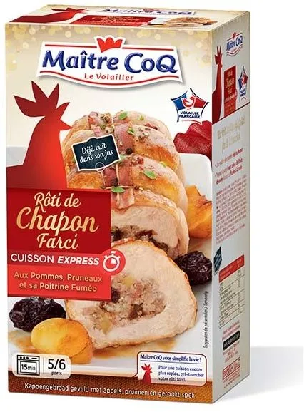 Rôti de chapon farci pommes pruneaux et poitrine fumée