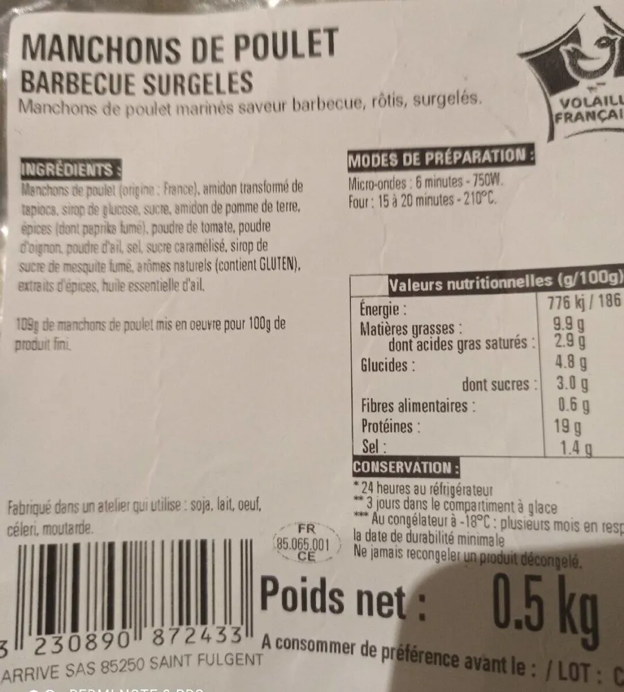 Manchons de poulet barbecue surgelés