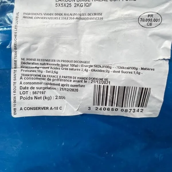 Lardon Dinde Halal Cuit Fum