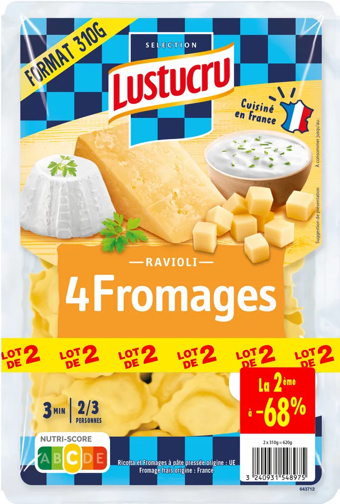 Lustucru ravioli 4 fromages 310g - lot de 2 2eme -68%