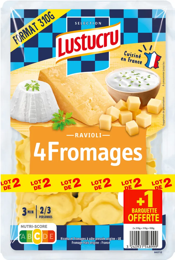 Lustucru ravioli 4 fromages 310g - lot de 2 + 1 offert