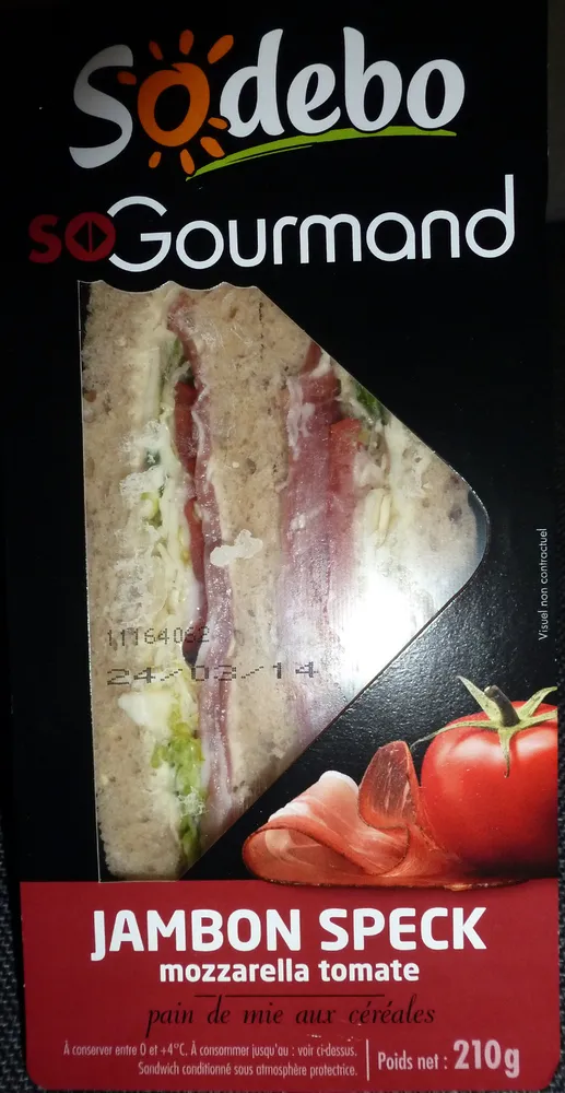 Sandwich Jambon Speck Mozzarella Tomate, pain de mie aux céréales