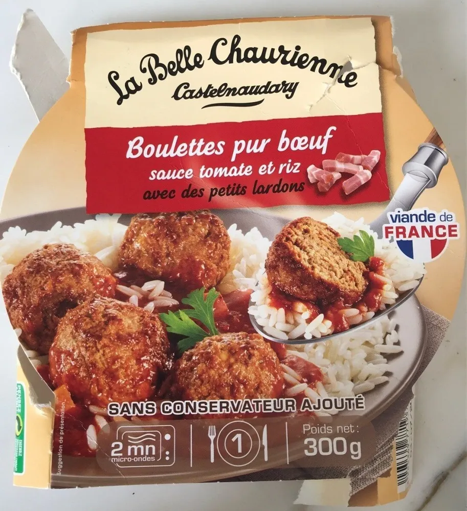 Boulettes pur boeuf, sauce tomate riz lardons