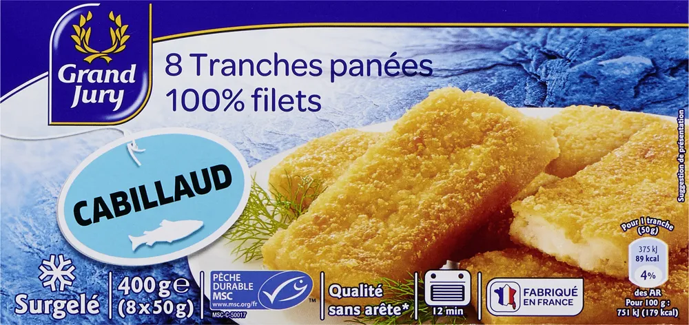 8 tranches panées 100% filets Cabillaud