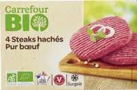 4 Steaks hachés Pur bœuf 15% Mat. Gr.* *Pourcentage de matières grasses inférieur à 15%. Rapport collagène sur protéines de viande inférieur à 15%.