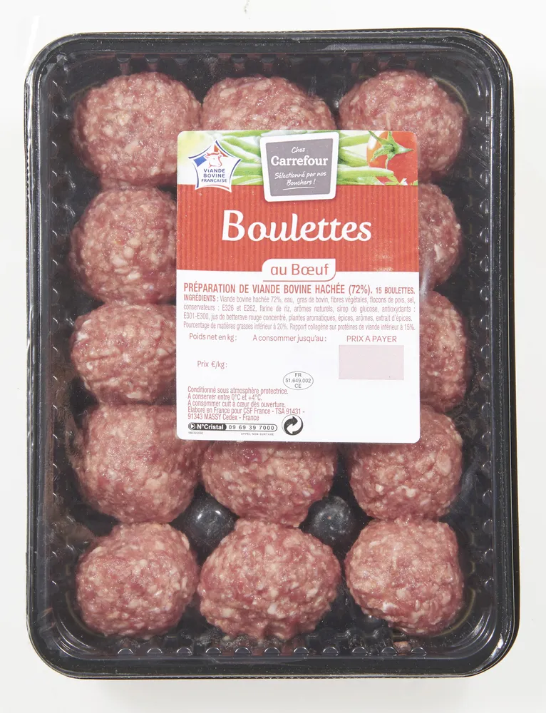 Boulettes au boeuf natures preparation de viande bovine hachee (72%) avec proteine vegetale. a consommer cuit a coeur