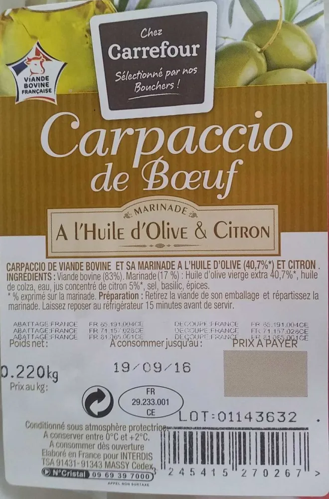 Carpaccio de bœuf, marinade à l'huile d'olive & citron