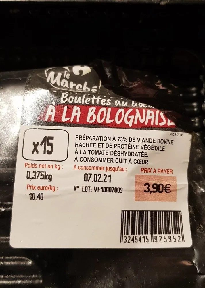 Boulettes au bœuf a la bolognaise preparation de viande bovine hachee (73%) avec proteine vegetale et tomate deshydratee. a consommer cuit a coeur.