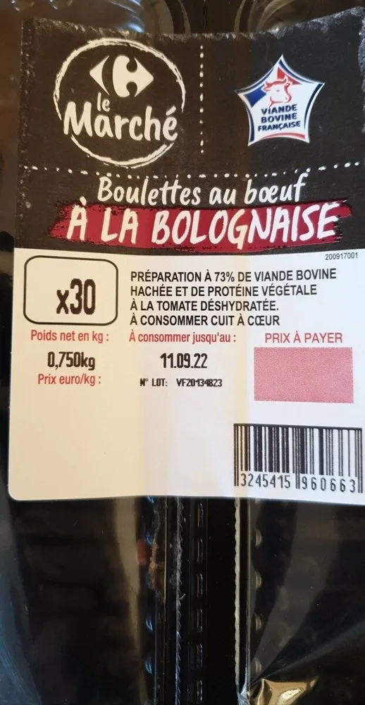 Boulettes au bœuf a la bolognaise preparation de viande bovine hachee (73%) avec proteine vegetale et tomate deshydratee. a consommer cuit a coeur.