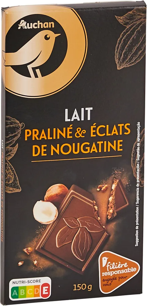 AUCHAN GOURMET CHOCOLAT AU LAIT FOURRÉ PRALINÉ et PÉPITES DE NOUGATINE 150G