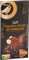 AUCHAN GOURMET CHOCOLAT AU LAIT FOURRÉ PRALINÉ et PÉPITES DE NOUGATINE 150G