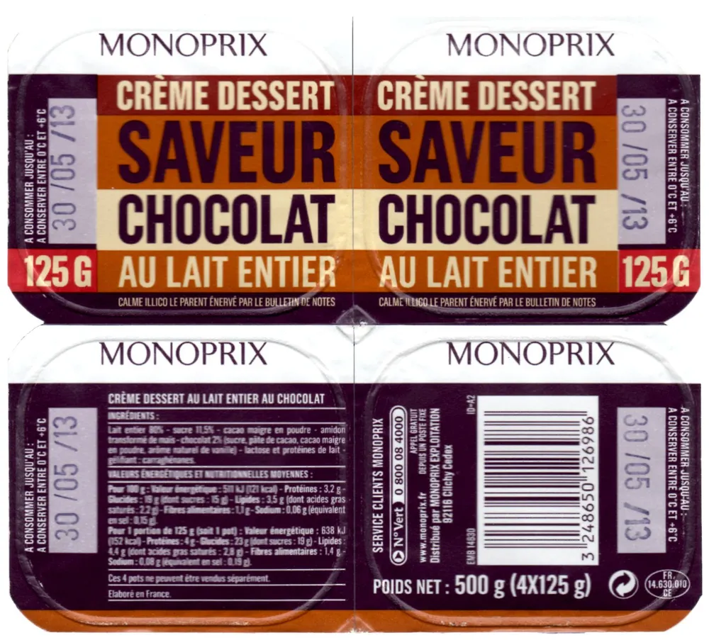 Crème dessert saveur chocolat au lait entier
