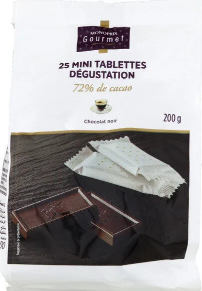 Mini tablettes de chocolat noir, 72% de cacao