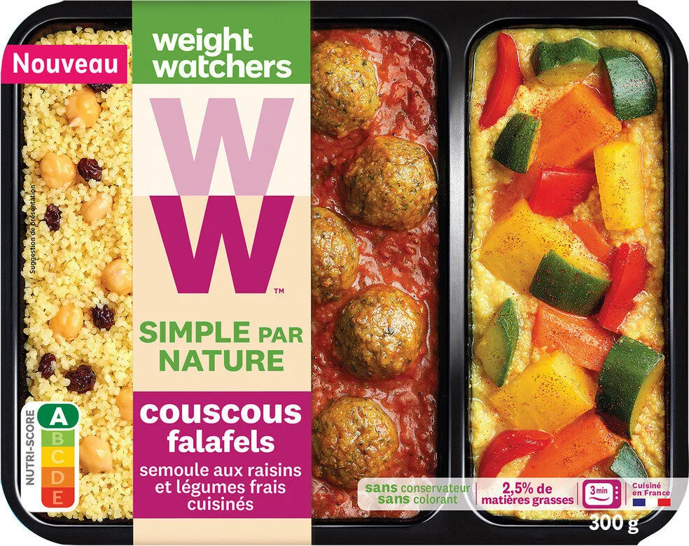 Couscous falafels, semoule aux raisins et légumes frais cuisinés
