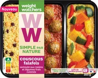 Couscous falafels, semoule aux raisins et légumes frais cuisinés