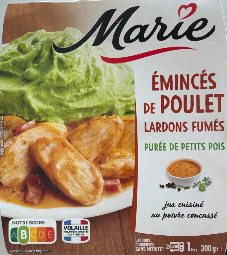 Émincés de poulet - Lardons fumés - Purée de petits pois