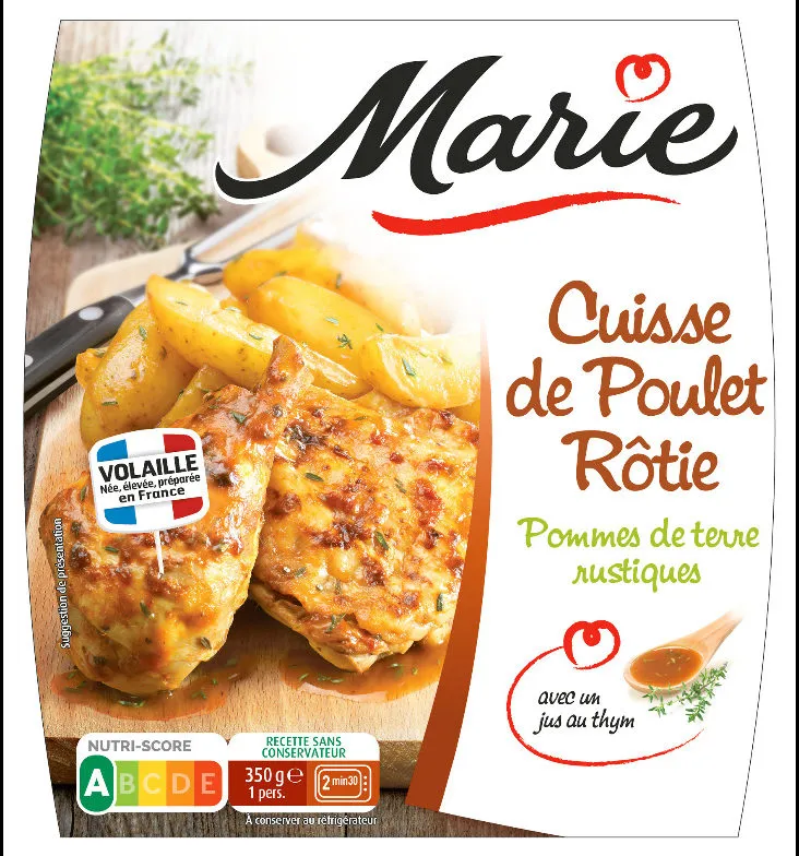Cuisse de poulet rôtie, pommes de terre, courgettes persillées