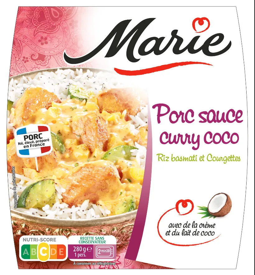 Porc sauce curry coco Riz basmati et Courgettes