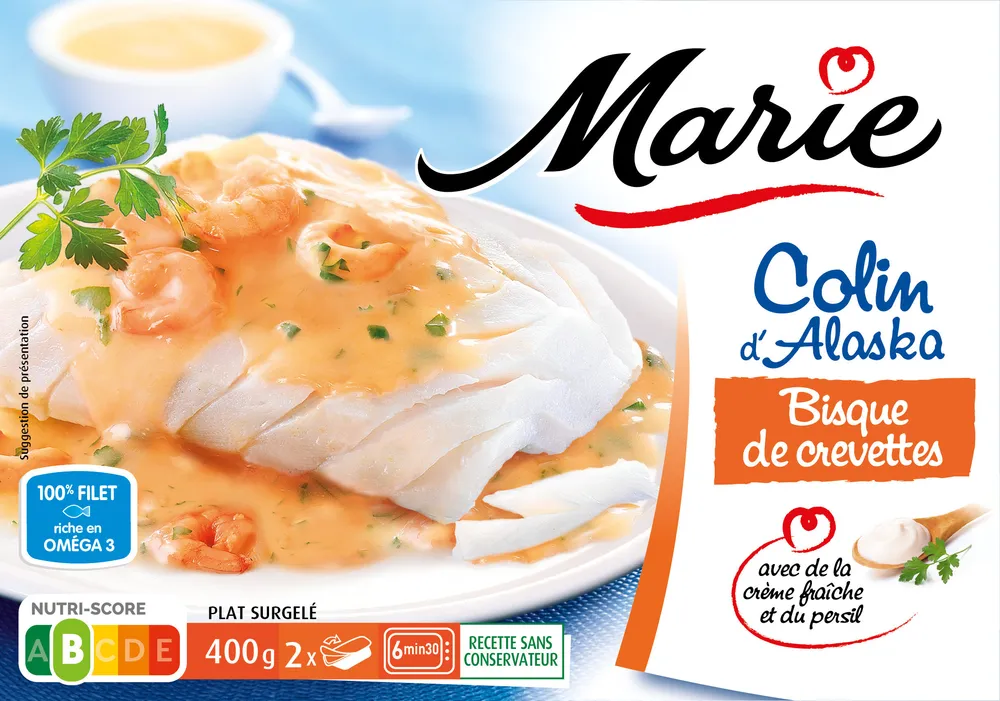 Colin d'alaska, bisque de crevettes - crème fraîche et persil