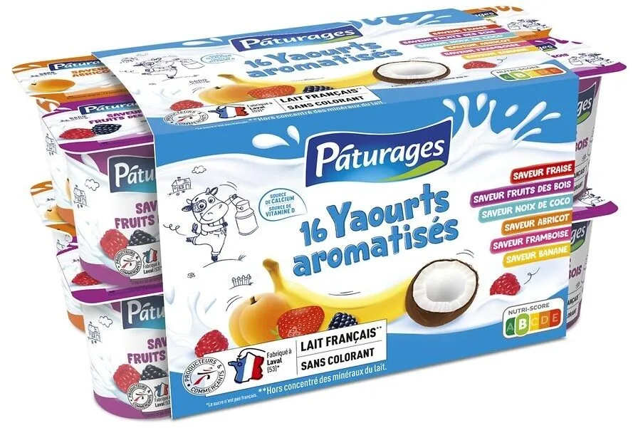 P'TIT AROM YAOURT AROMATISE 16X125G - fruits des bois, noix de coco, framboise, abricot, banane, fraise - P'tits Prods