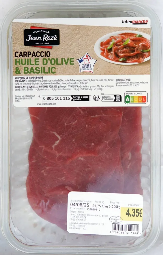 Carpaccio huile d'olive et basilic