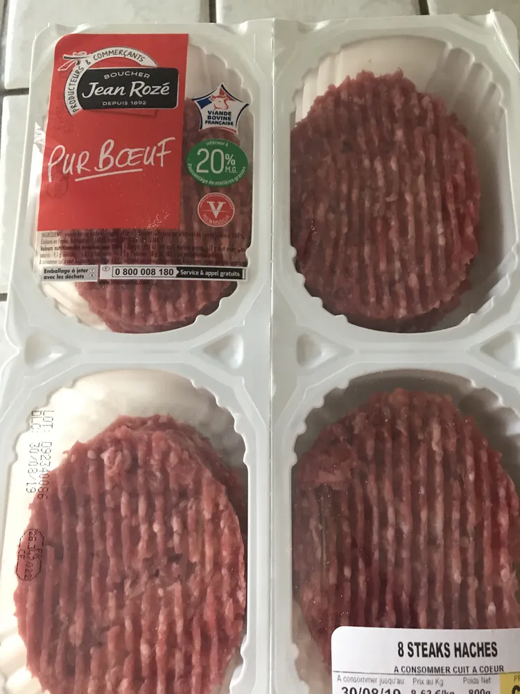 Jean Rozé Viande hachée 20% MG la barquette de 8 steaks 800 g