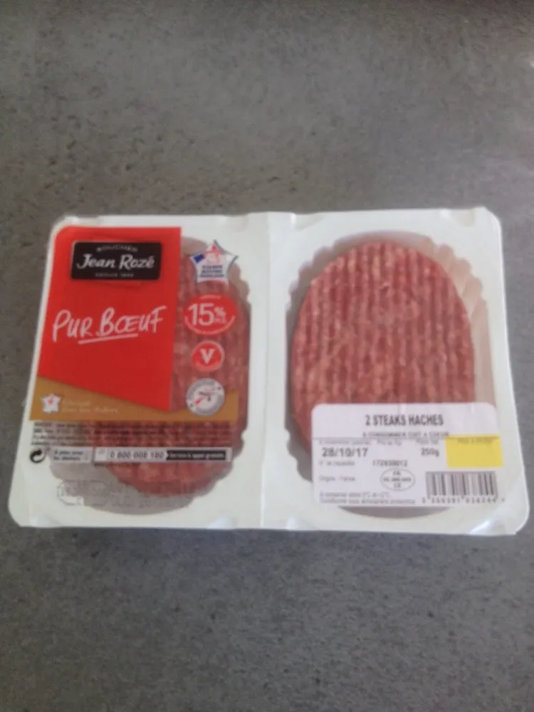 Jean Rozé, Steak, viande hachée pur bœuf 15%, les 2 steaks de 125 g