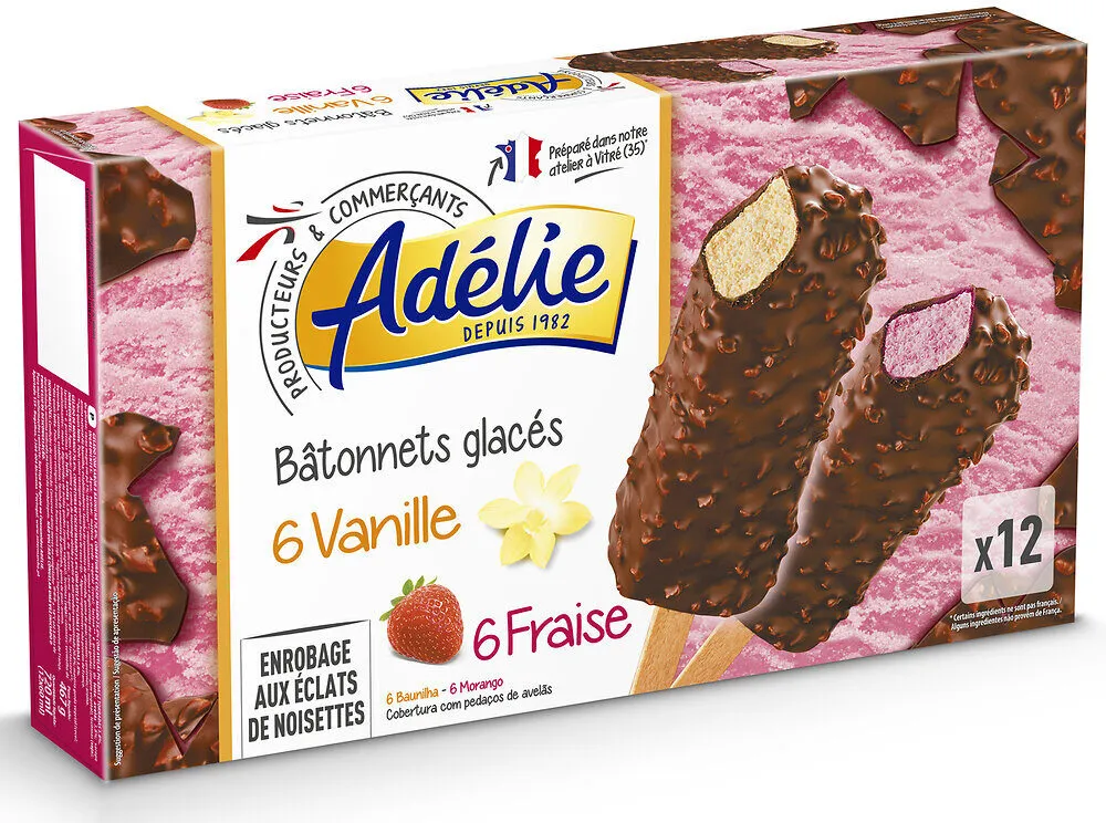 Bâtonnet vanille x6 - fraise x6 enrobage cacao noisettes (G) - 60mL