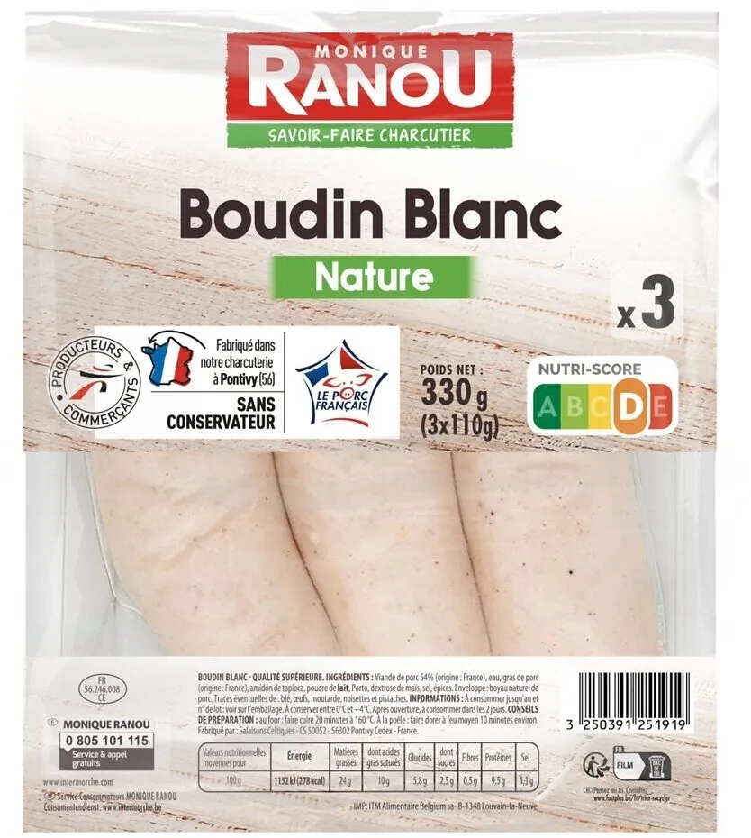 Boudin blanc porc nature x3 330g ranou