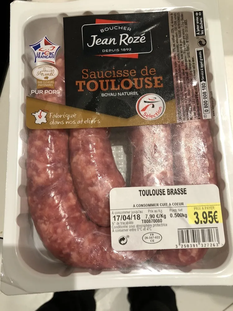 Jean Roze, Saucisse de toulouse brasse, la barquette de 500 gr