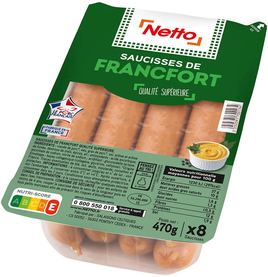 SAUCISSES FRANCFORT x8 470g NETTO Massif TRAD