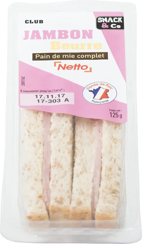 Sandwich club Duo - Jambon Beurre x2 - Pain complet - 125g