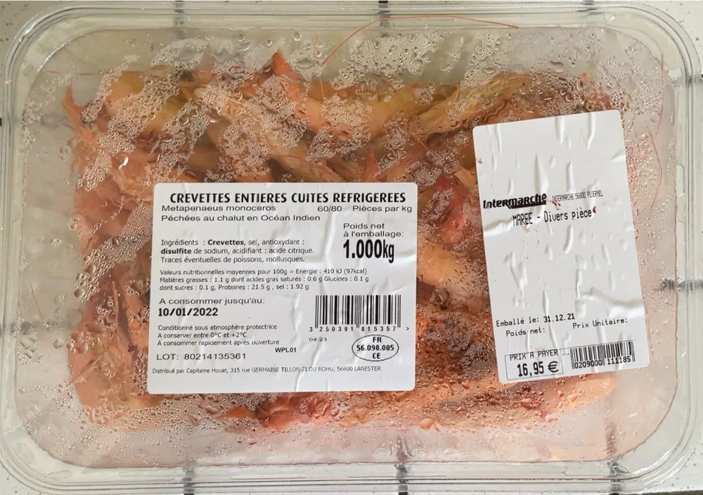 Crevette entières cuites réfrigérées 1,000kg