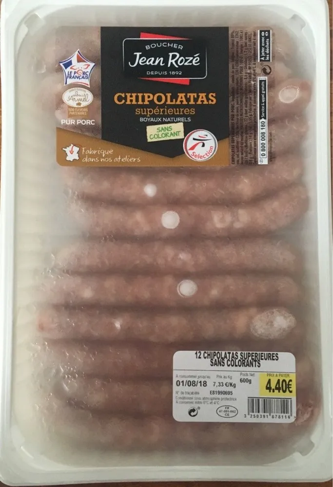 Chipolatas supérieures, boyaux naturels, sans colorant