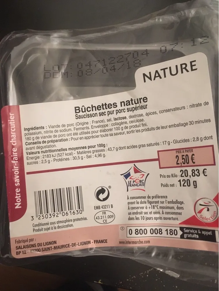 Notre savoir faire charcutier Bûchettes saucisson sec nature le saucisson de 120 g
