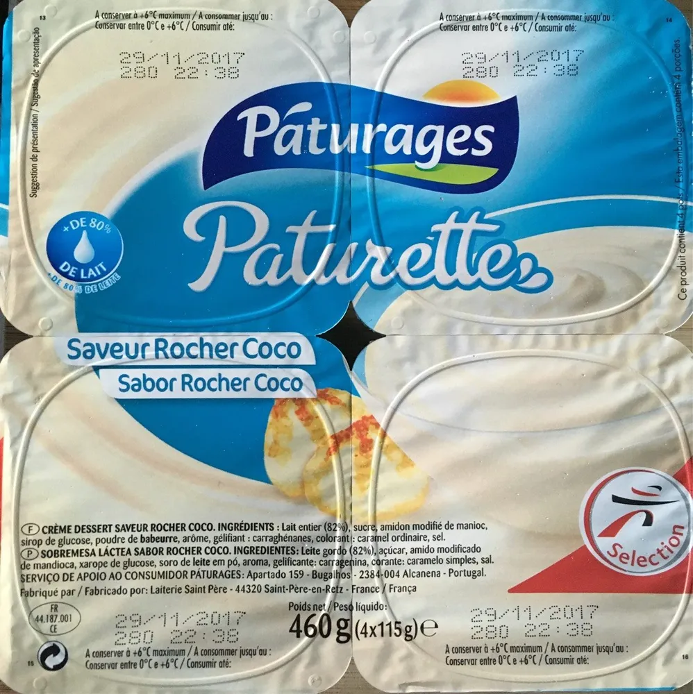 Pâturages Paturette Crème dessert saveur Rocher Coco les 4 pots de 115 g