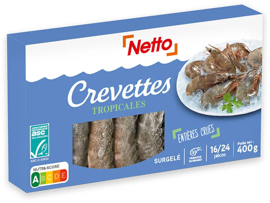 CREVETTES TROPICALES ENTIERES CRUES 400G HOSO ASC calibre 40-60/kg