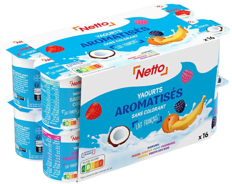 YAOURT AROMATISE 16X125G - fruits des bois, noix de coco, framboise, abricot, banane, fraise
